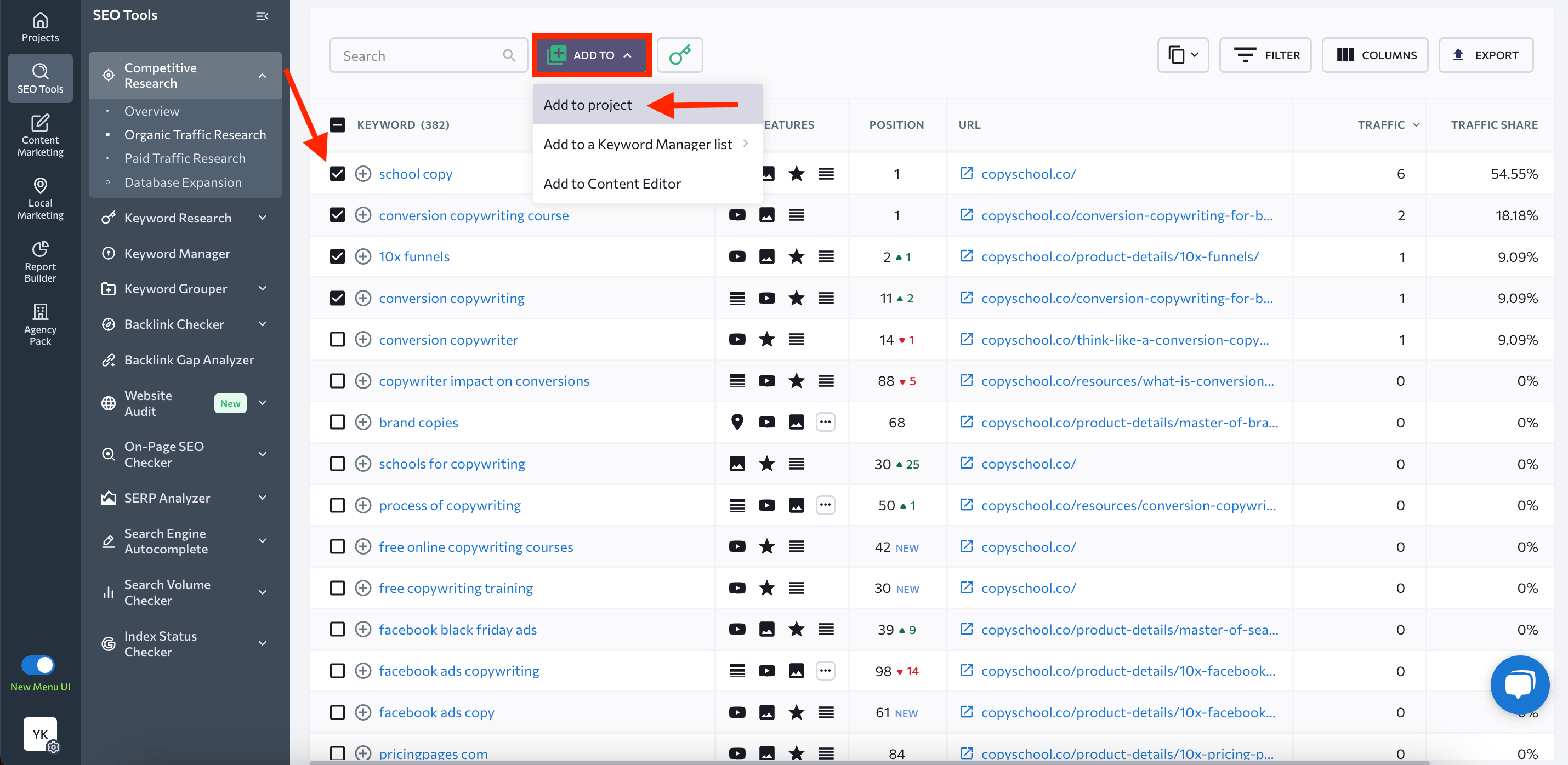 Adding several keywords from Competitive Research to your project