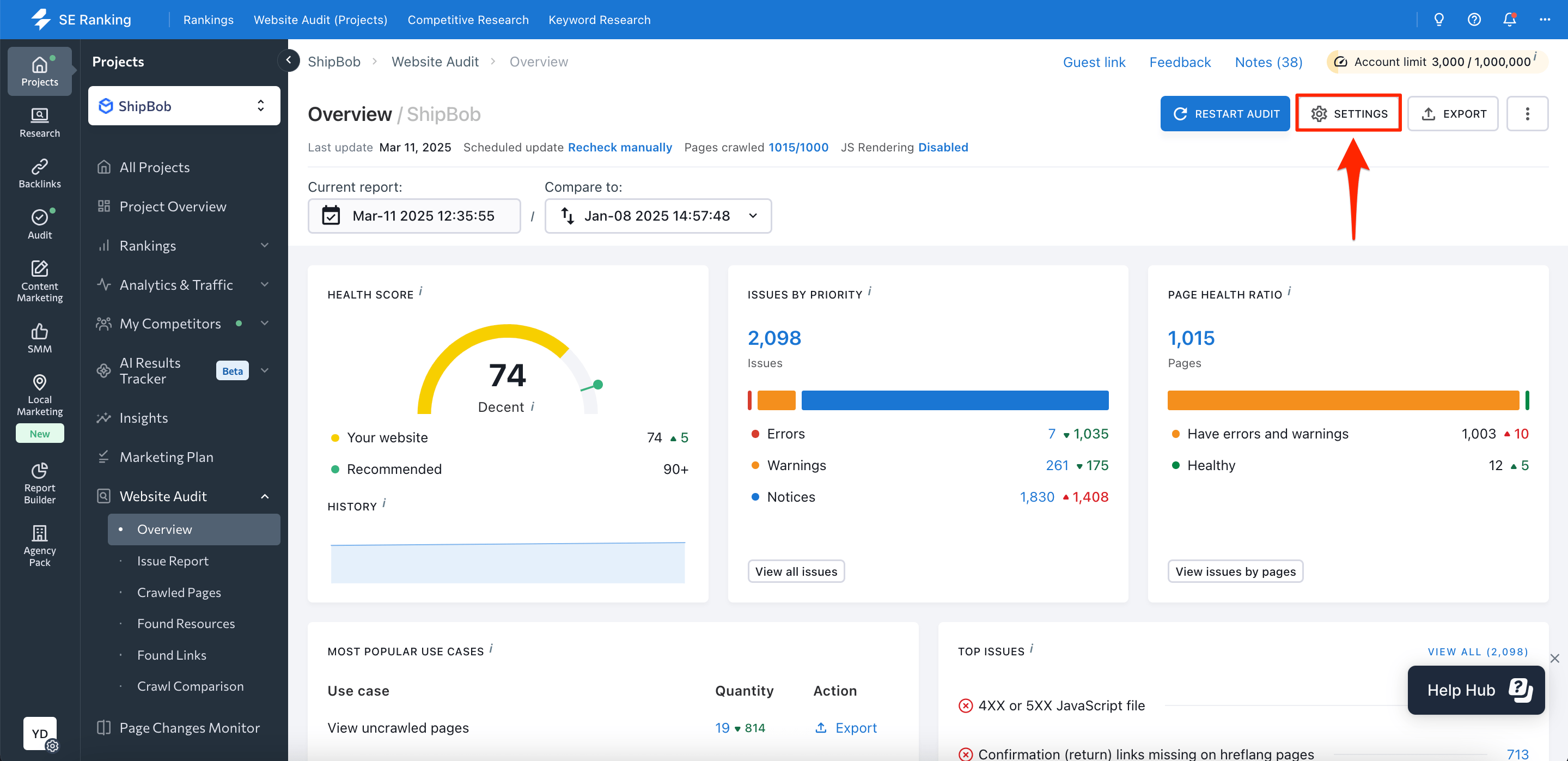 Website Audit settings