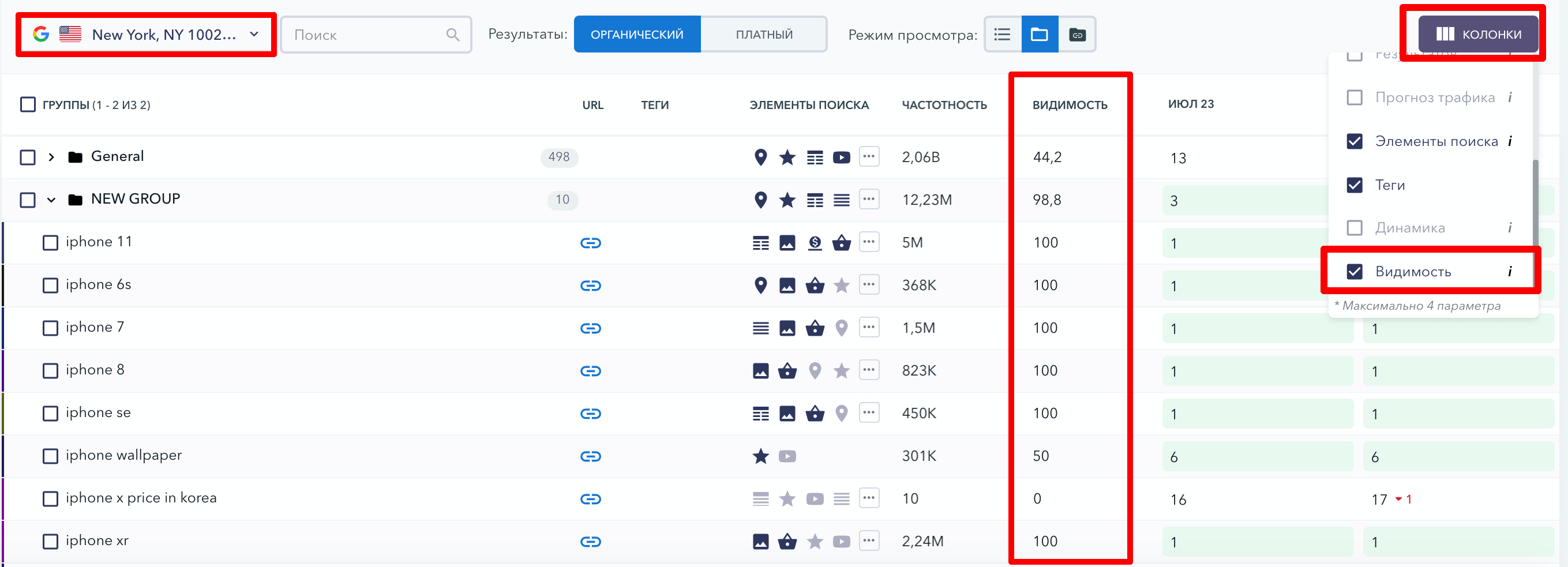 Видимость ключей и групп ключевых слов в SE Ranking